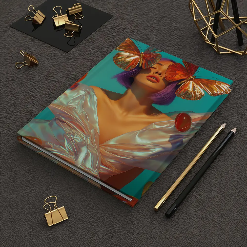 Woman With Butterflies Purple Hair Teal Background – Notebooks