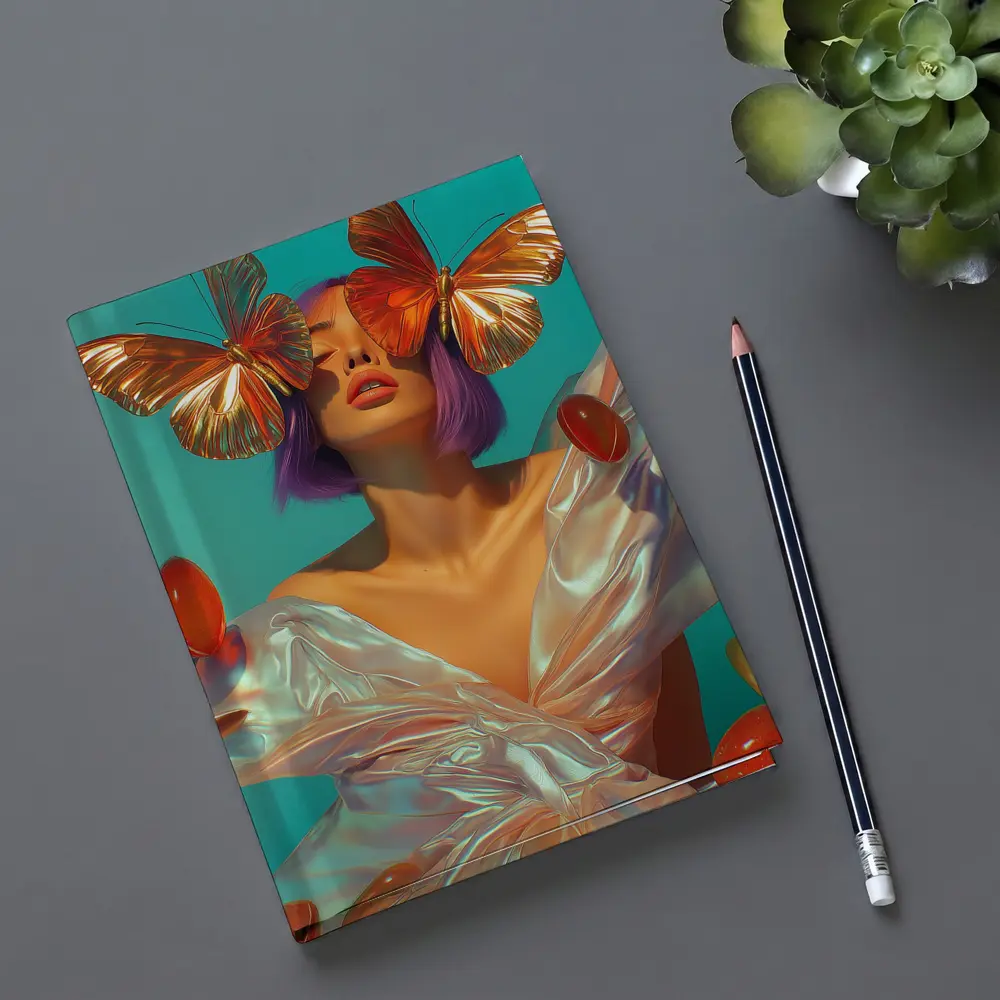 Woman With Butterflies Purple Hair Teal Background – Notebooks