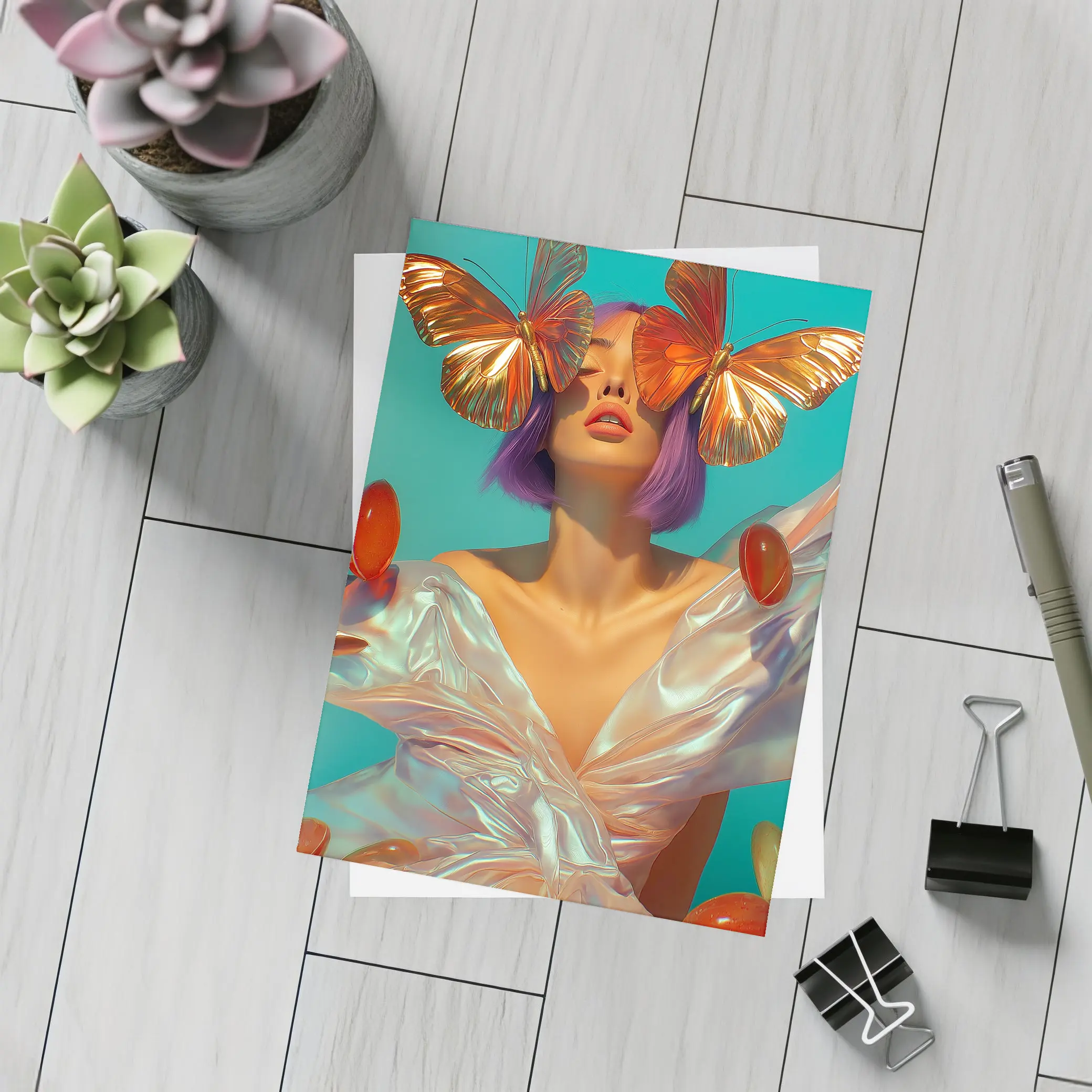 Woman With Butterflies Purple Hair Teal Background – Postcards