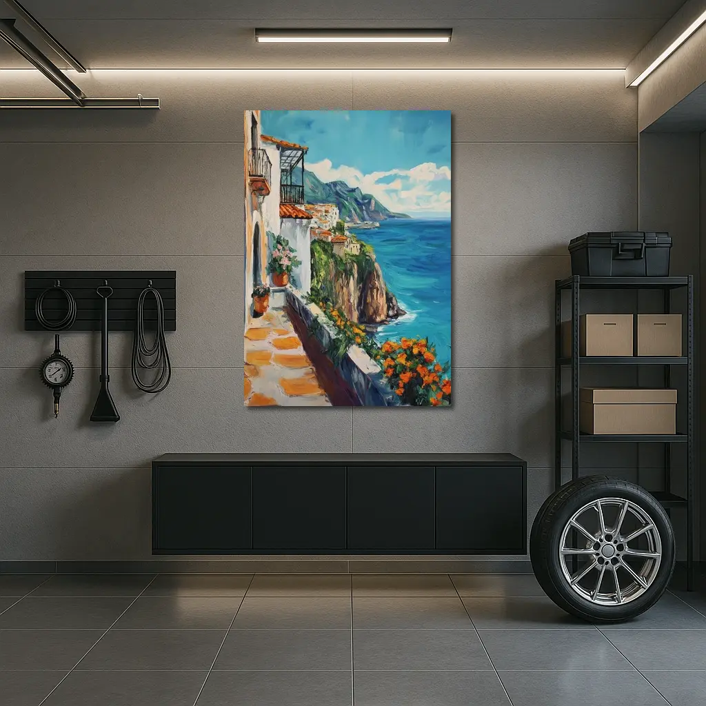 Amalfi Coast Cliffside Oil Painting Mediterranean View – Wall Art