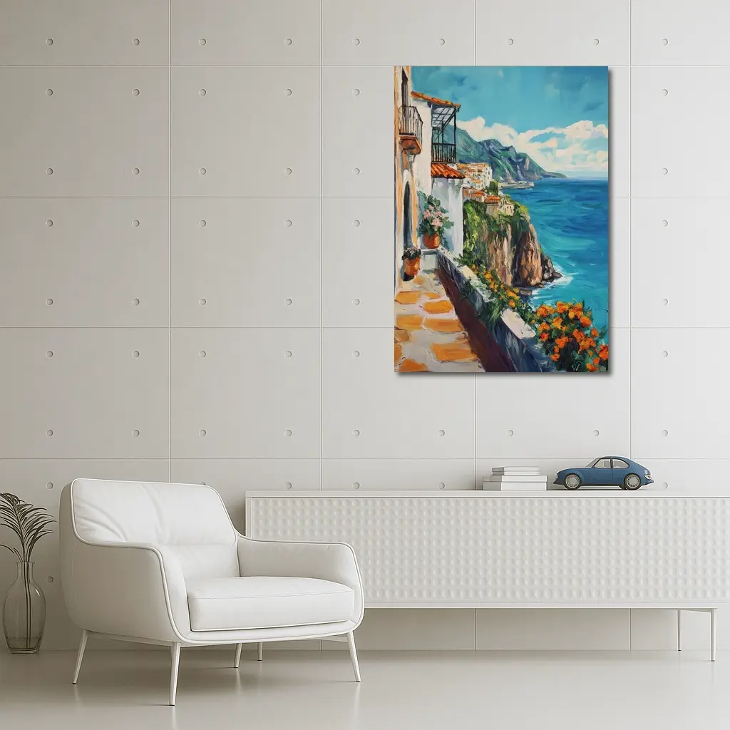 Amalfi Coast Cliffside Oil Painting Mediterranean View – Wall Art