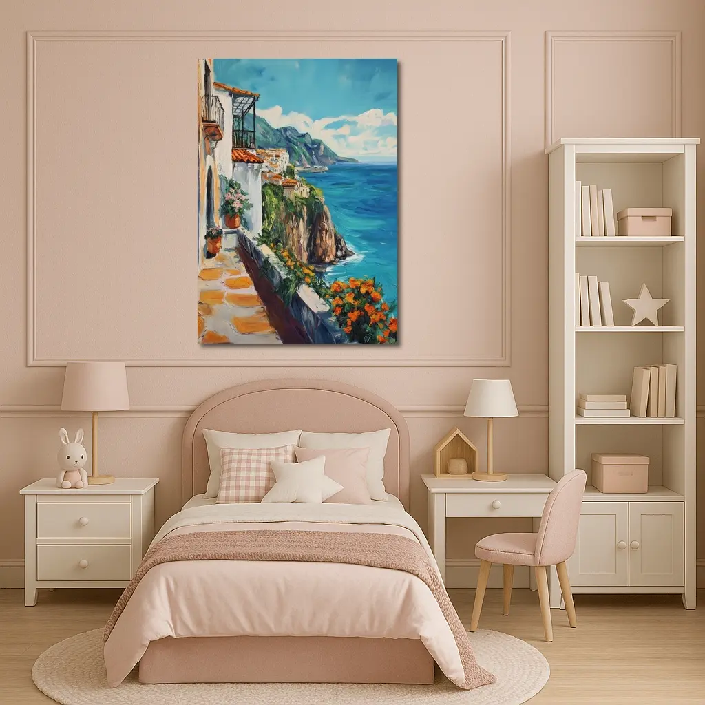 Amalfi Coast Cliffside Oil Painting Mediterranean View – Wall Art