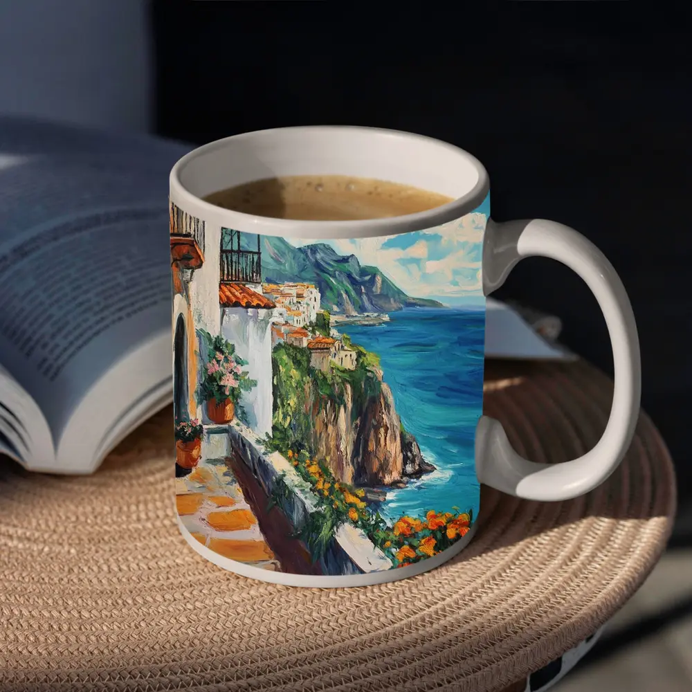 Amalfi Coast Cliffside Oil Painting Mediterranean View – Mugs