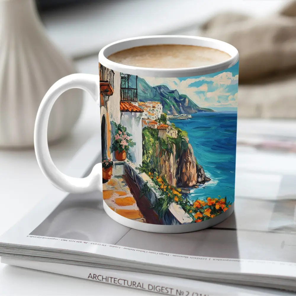 Amalfi Coast Cliffside Oil Painting Mediterranean View – Mugs
