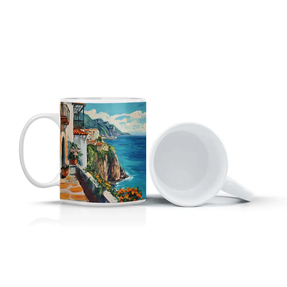 Amalfi Coast Cliffside Oil Painting Mediterranean View – Mugs