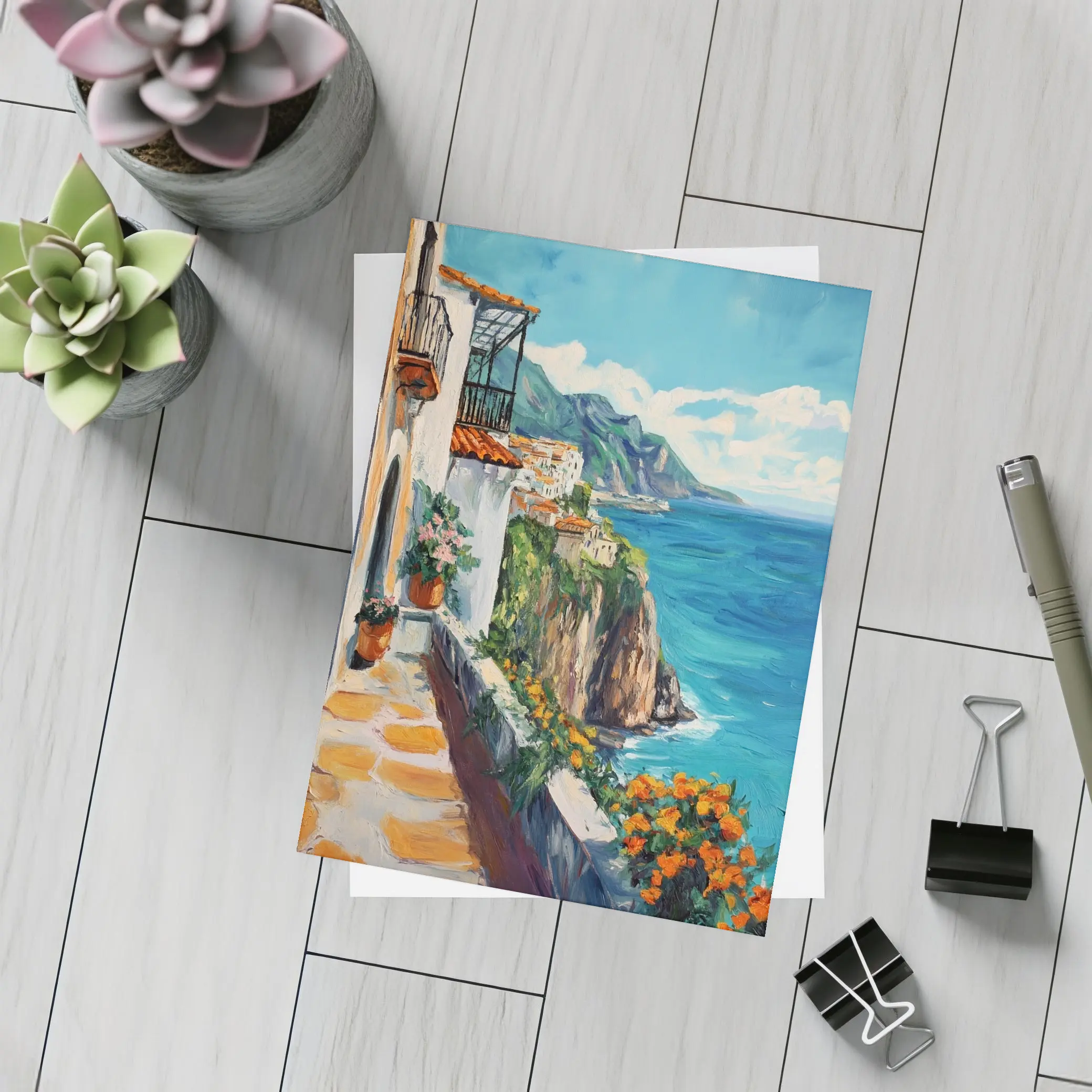 Amalfi Coast Cliffside Oil Painting Mediterranean View – Postcards