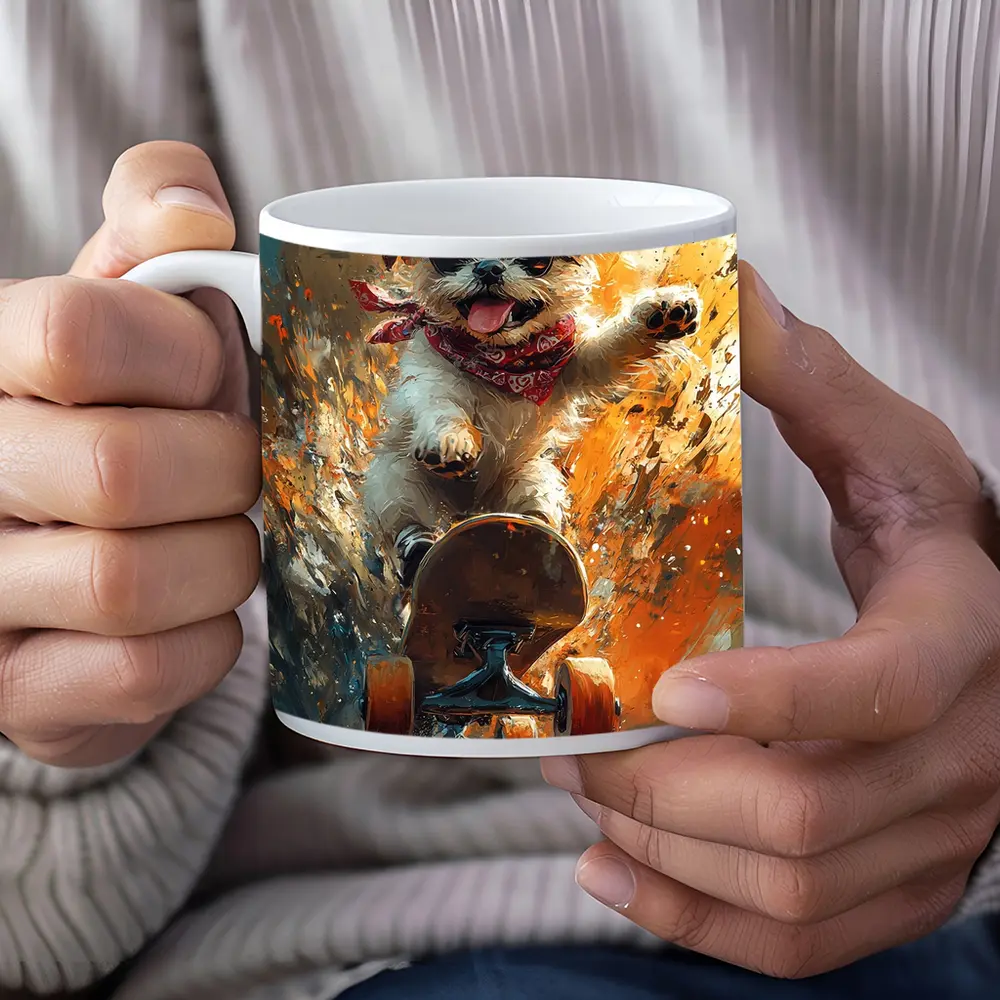 Cool Dog Skateboarding Colorful Abstract Background – Mugs