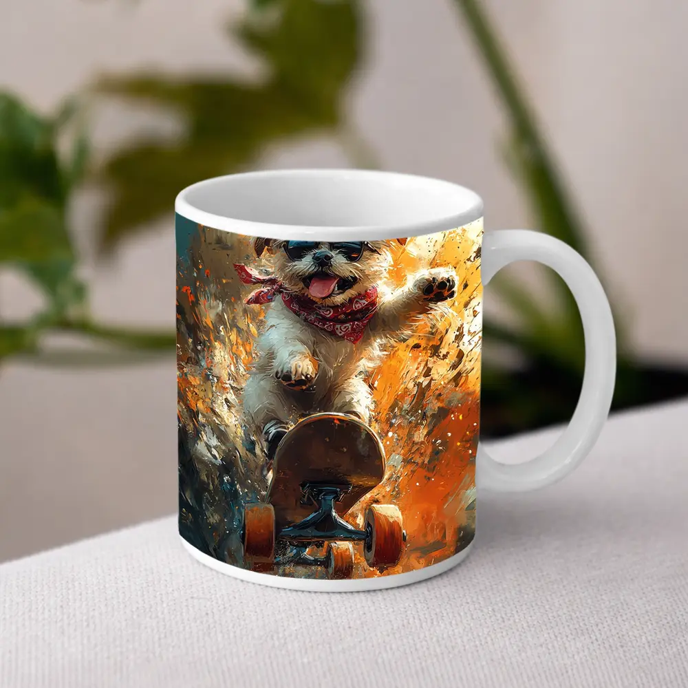 Cool Dog Skateboarding Colorful Abstract Background – Mugs