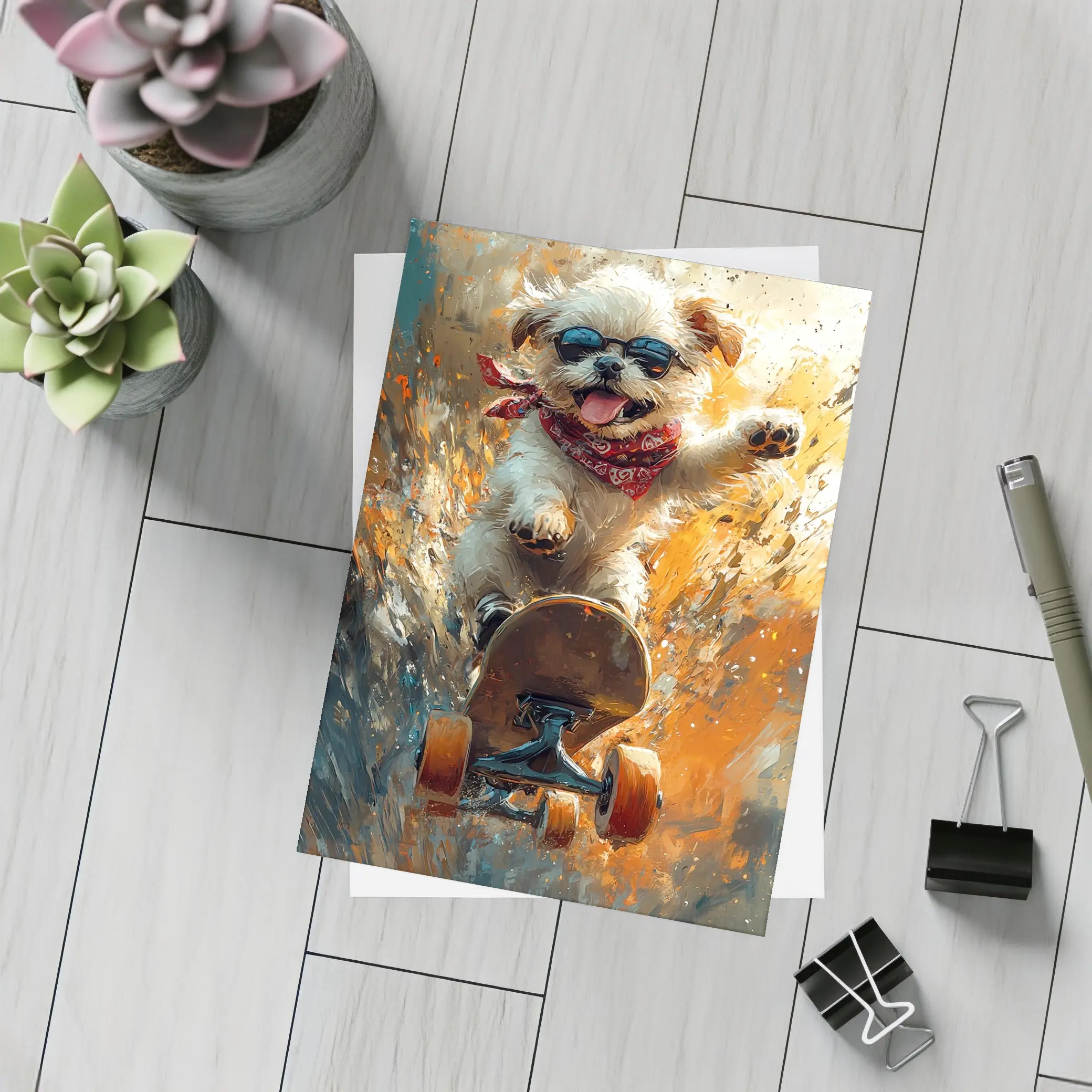 Cool Dog Skateboarding Colorful Abstract Background – Postcards