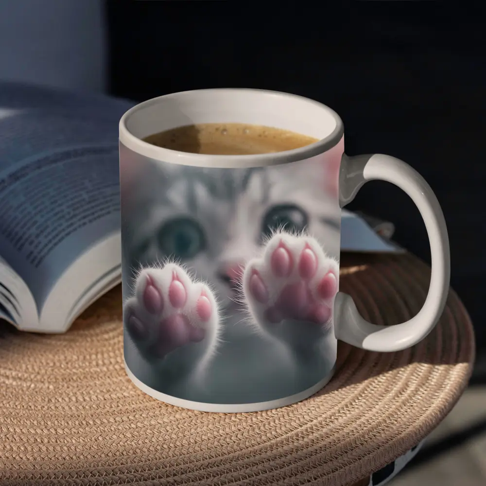 Cute Kitten Paws Up Gray Background – Mugs