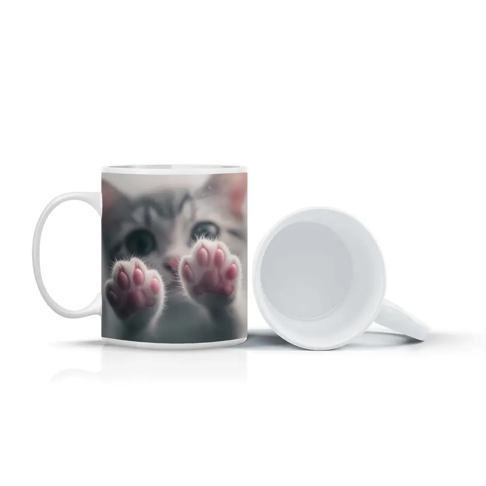 Cute Kitten Paws Up Gray Background – Mugs