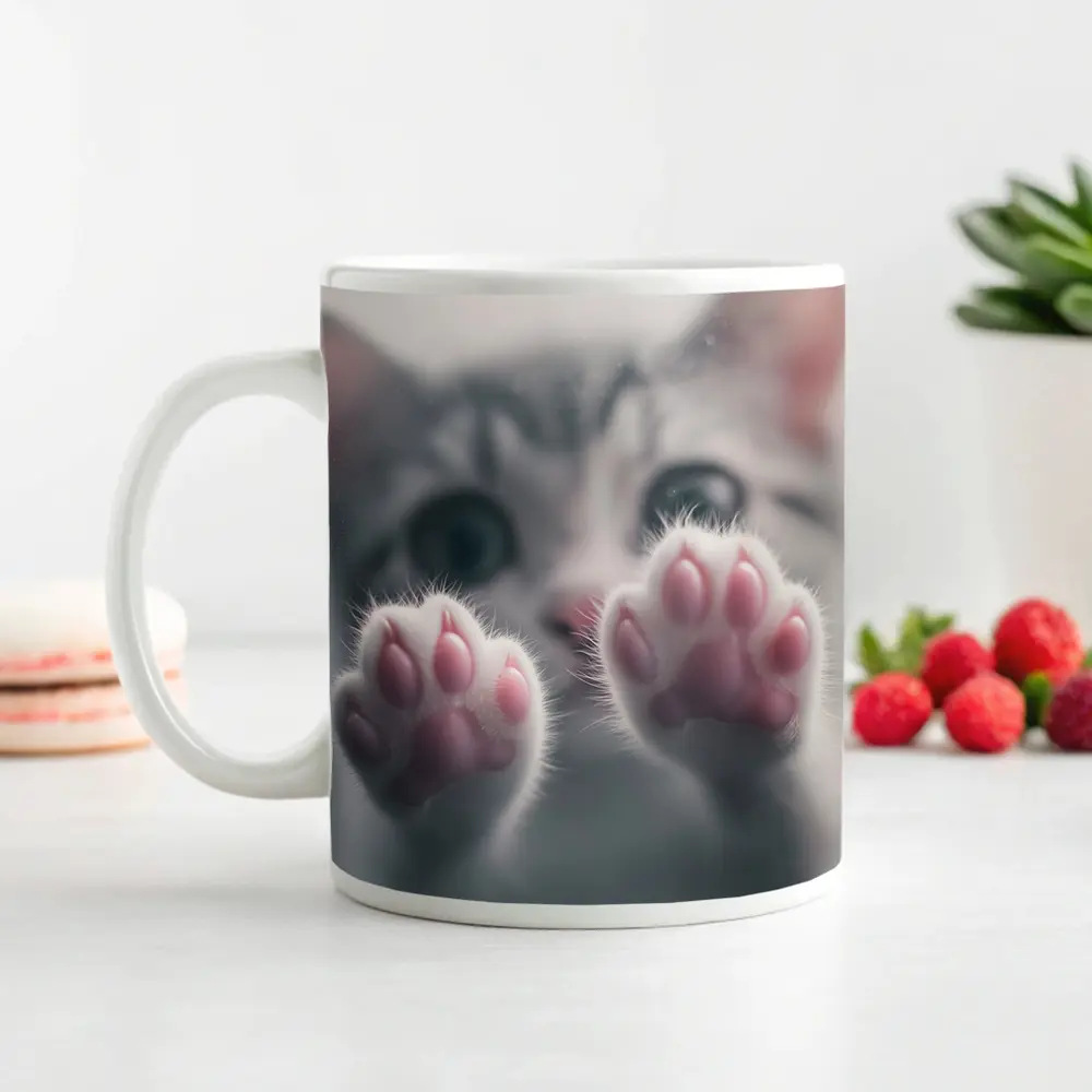Cute Kitten Paws Up Gray Background – Mugs