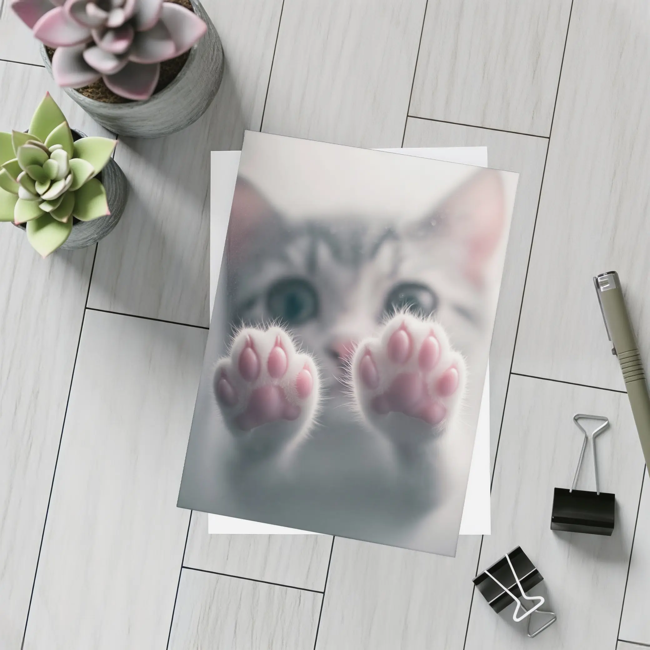 Cute Kitten Paws Up Gray Background – Postcards