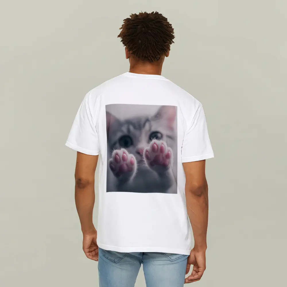 Cute Kitten Paws Up Gray Background – T-Shirts