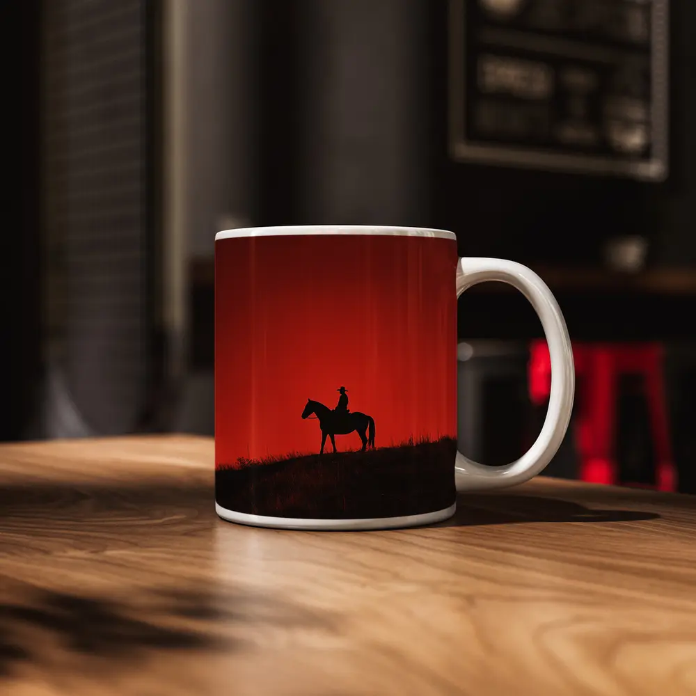 Cowboy Silhouette on Horse Red Sky – Mugs