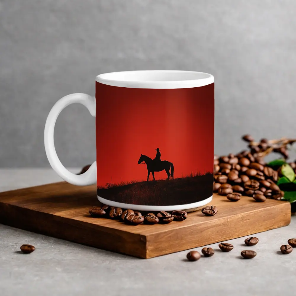 Cowboy Silhouette on Horse Red Sky – Mugs