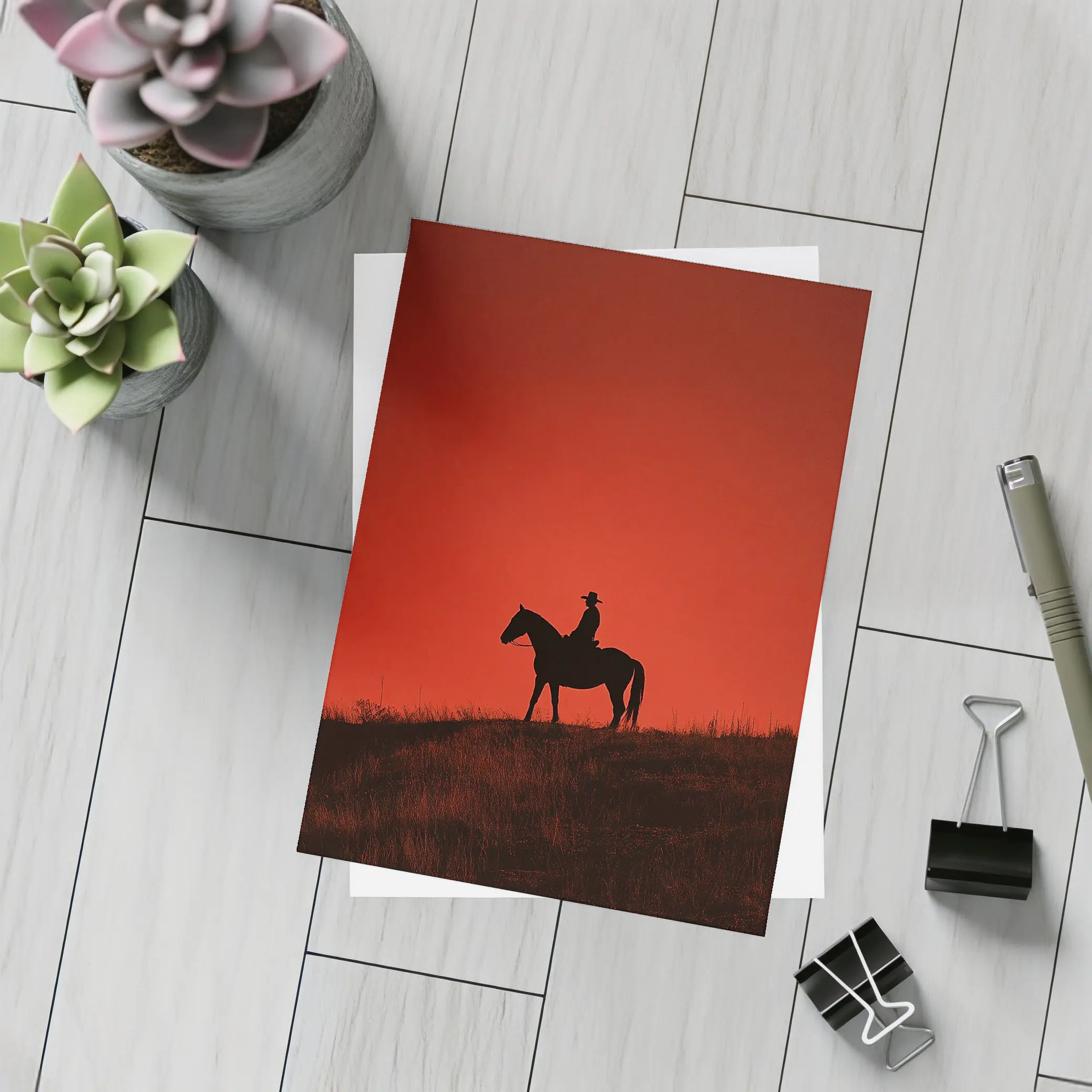 Cowboy Silhouette on Horse Red Sky – Postcards