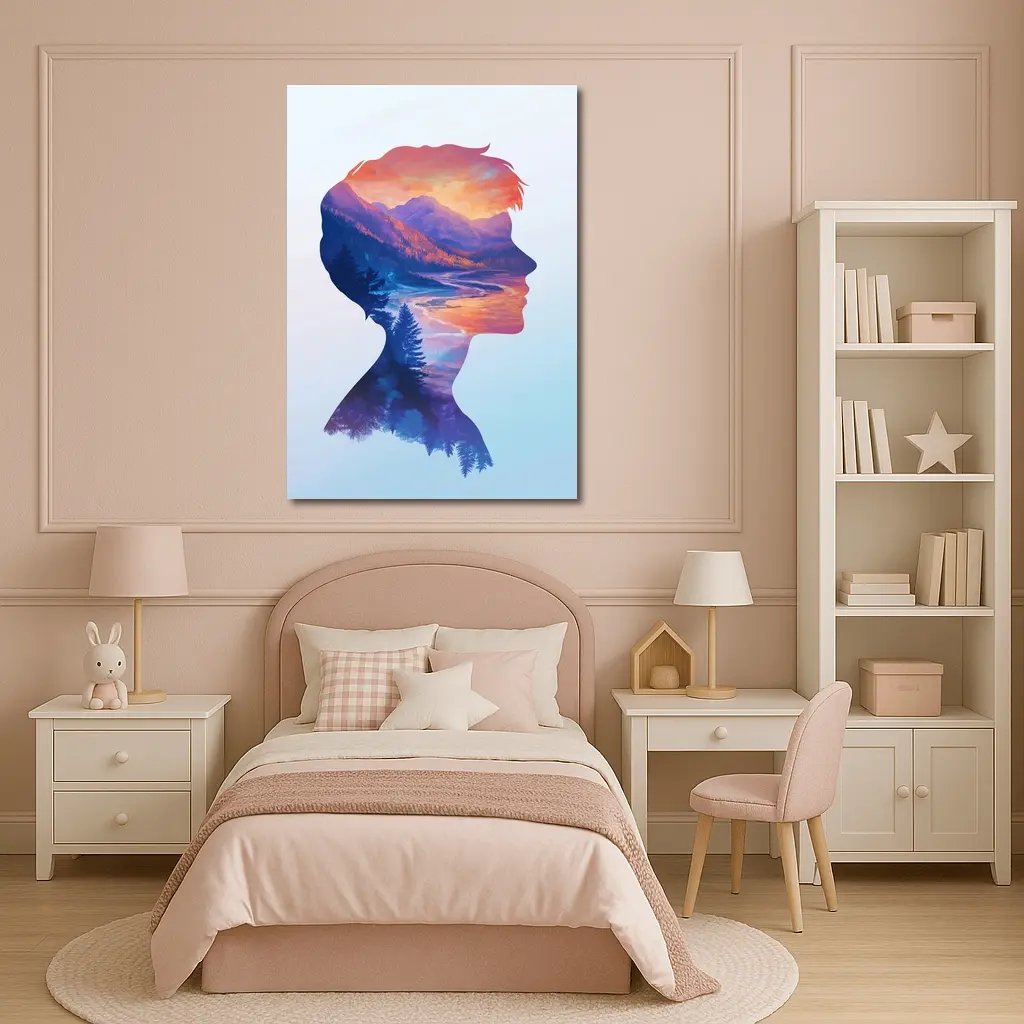 Double Exposure Woman Silhouette Mountain Landscape – Wall Art