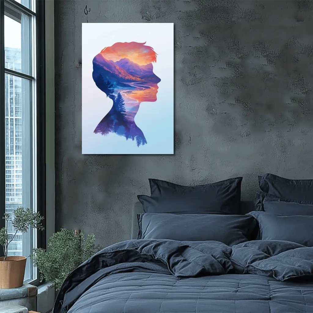 Double Exposure Woman Silhouette Mountain Landscape – Wall Art