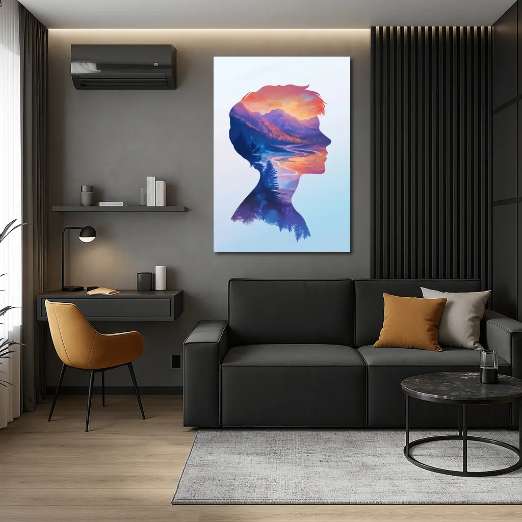 Double Exposure Woman Silhouette Mountain Landscape – Wall Art