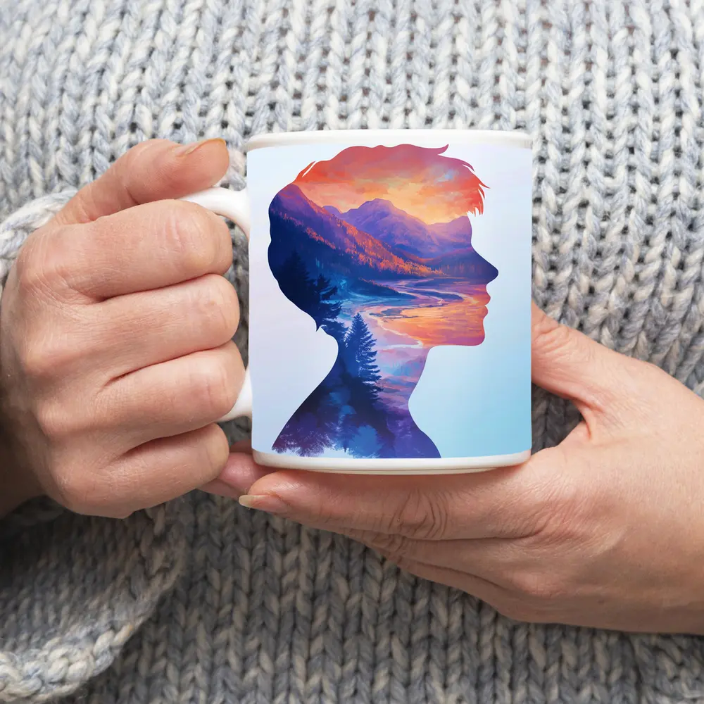 Double Exposure Woman Silhouette Mountain Landscape – Mugs