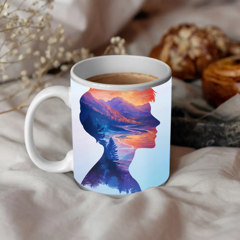 Double Exposure Woman Silhouette Mountain Landscape – Mugs