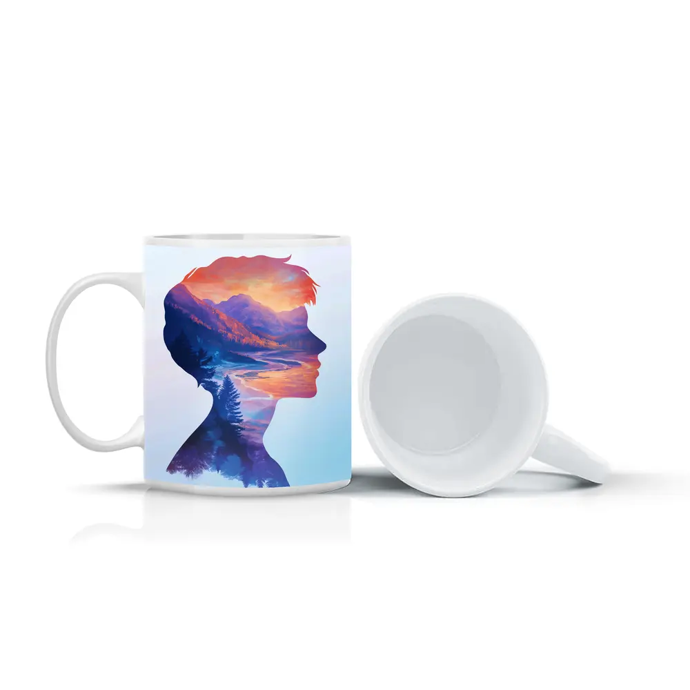 Double Exposure Woman Silhouette Mountain Landscape – Mugs