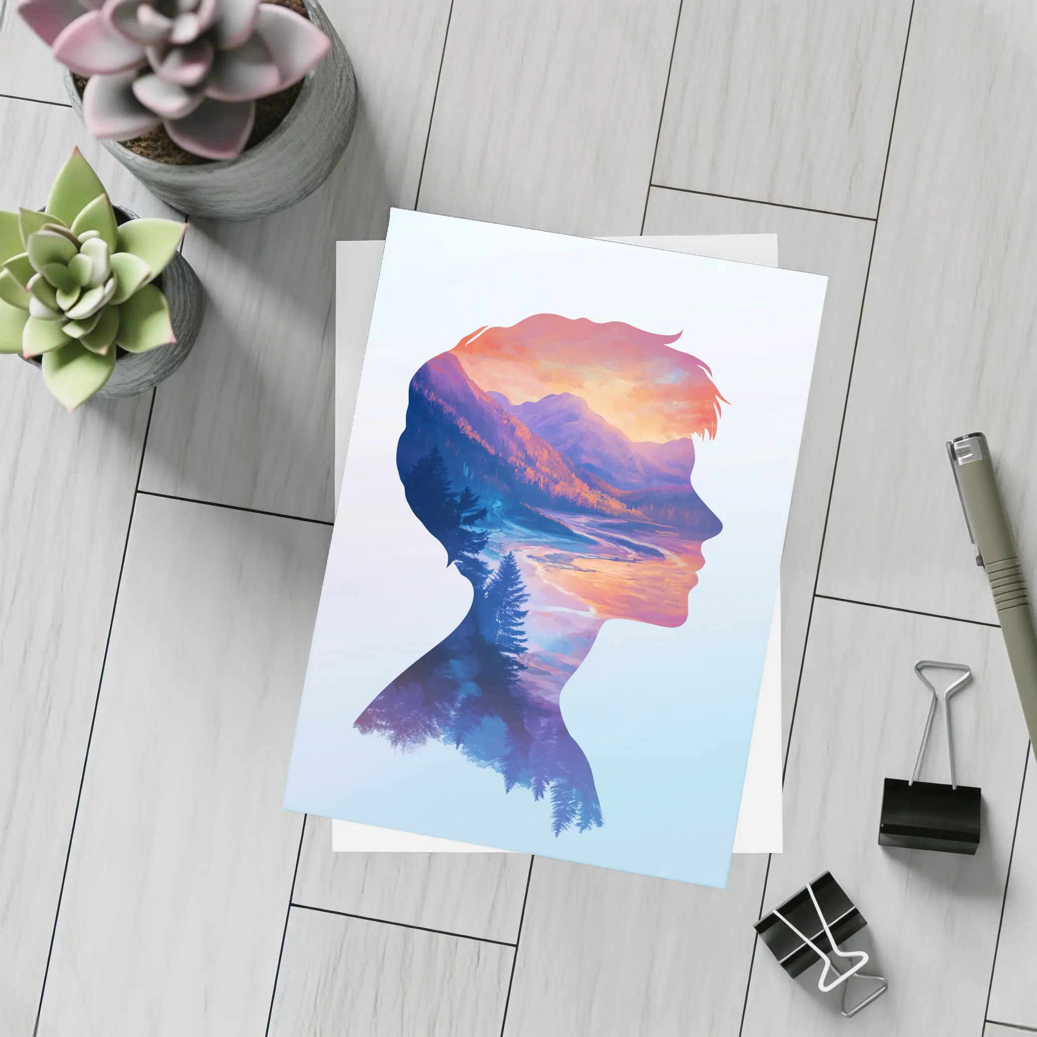Double Exposure Woman Silhouette Mountain Landscape – Postcards