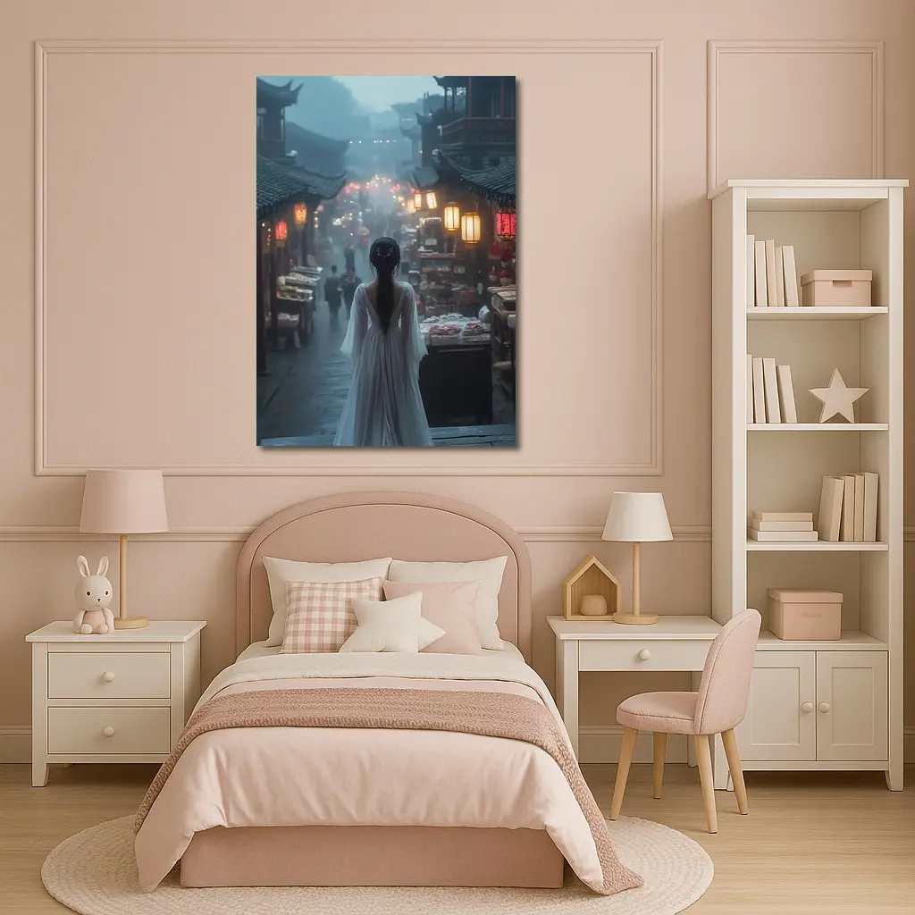 Woman in White Dress Misty Ancient Chinese Street – Wall Art