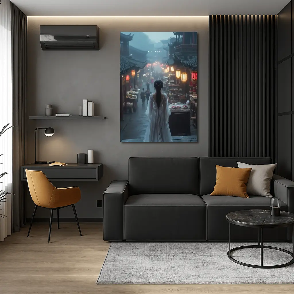 Woman in White Dress Misty Ancient Chinese Street – Wall Art