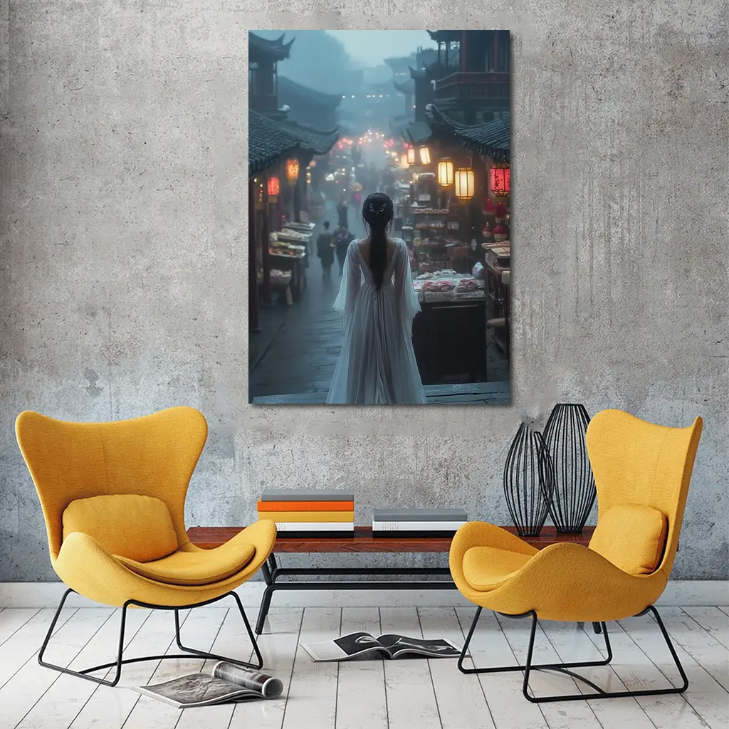 Woman in White Dress Misty Ancient Chinese Street – Wall Art