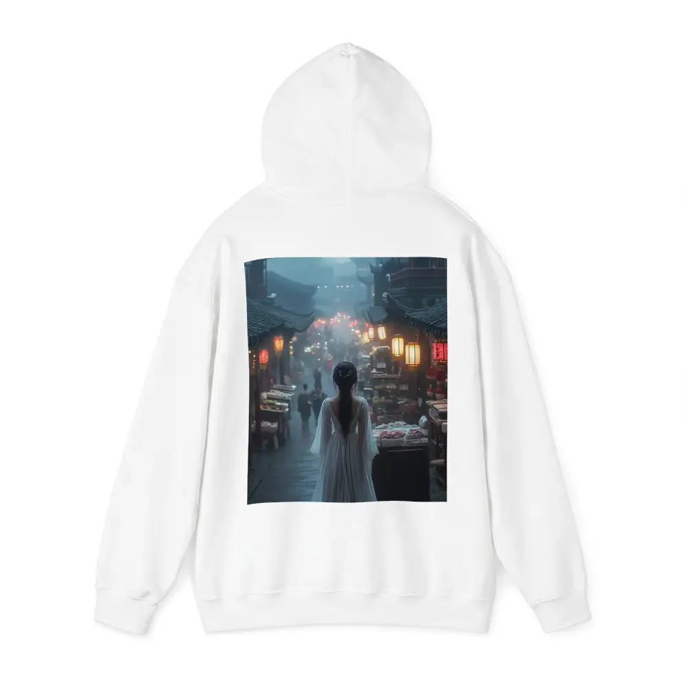 Woman in White Dress Misty Ancient Chinese Street – Hoodies