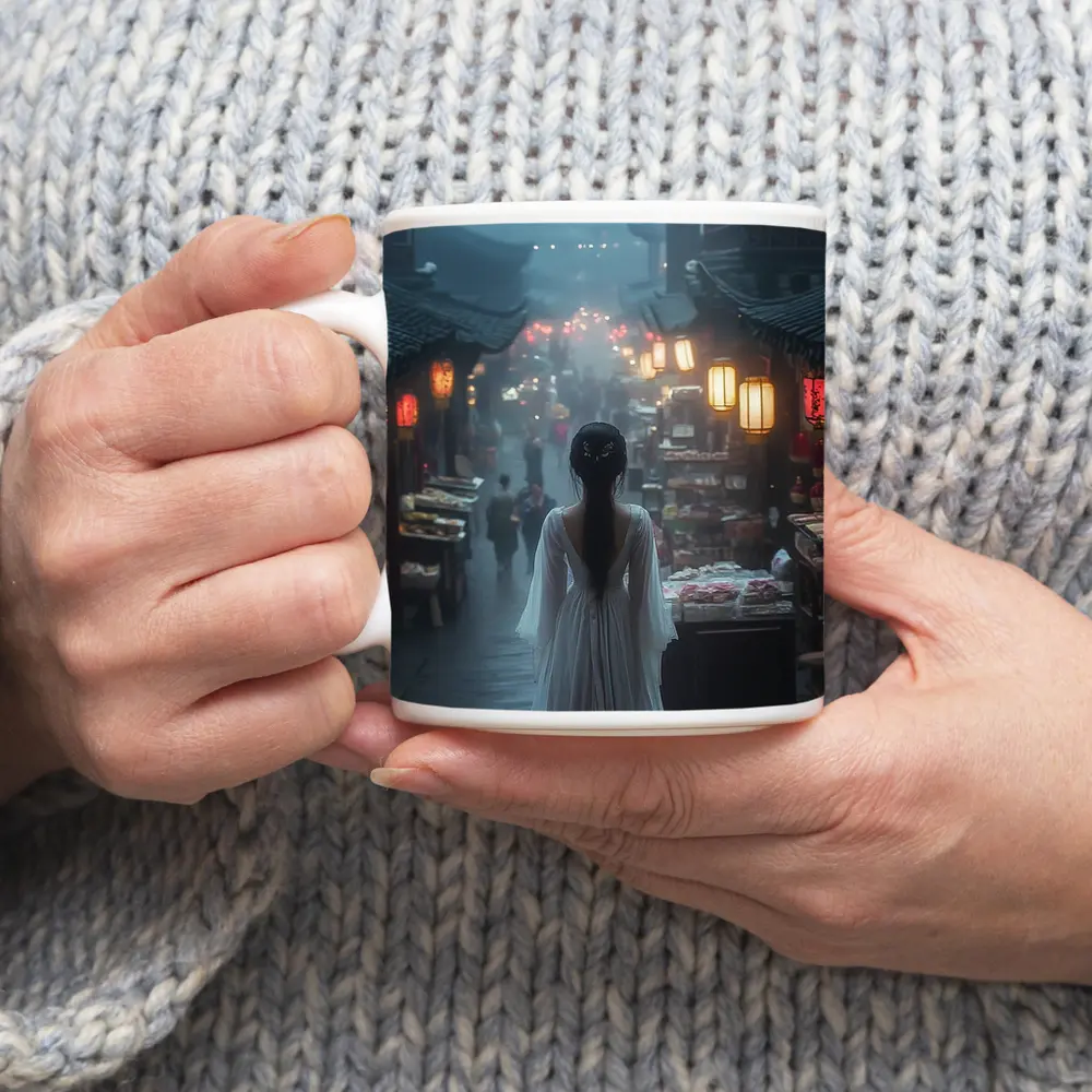 Woman in White Dress Misty Ancient Chinese Street – Mugs