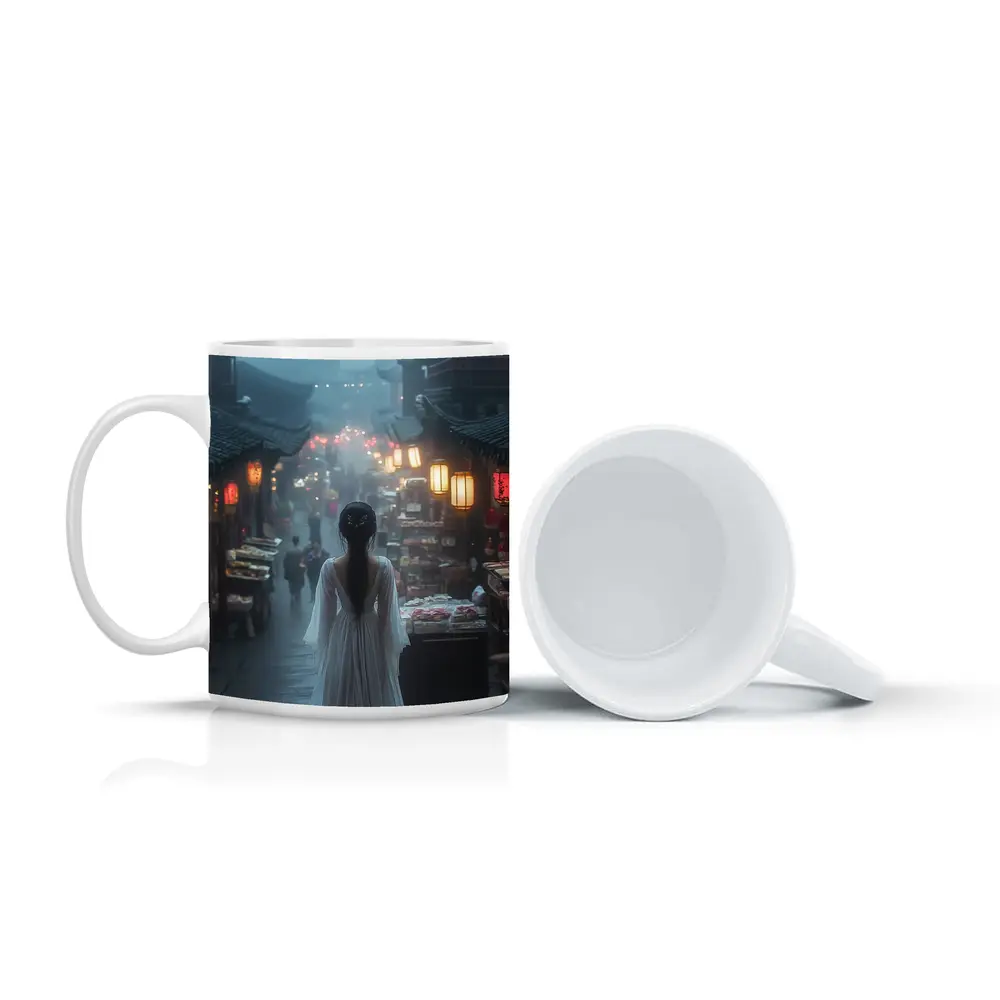 Woman in White Dress Misty Ancient Chinese Street – Mugs