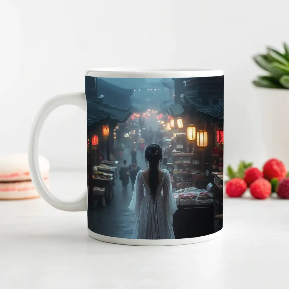 Woman in White Dress Misty Ancient Chinese Street – Mugs
