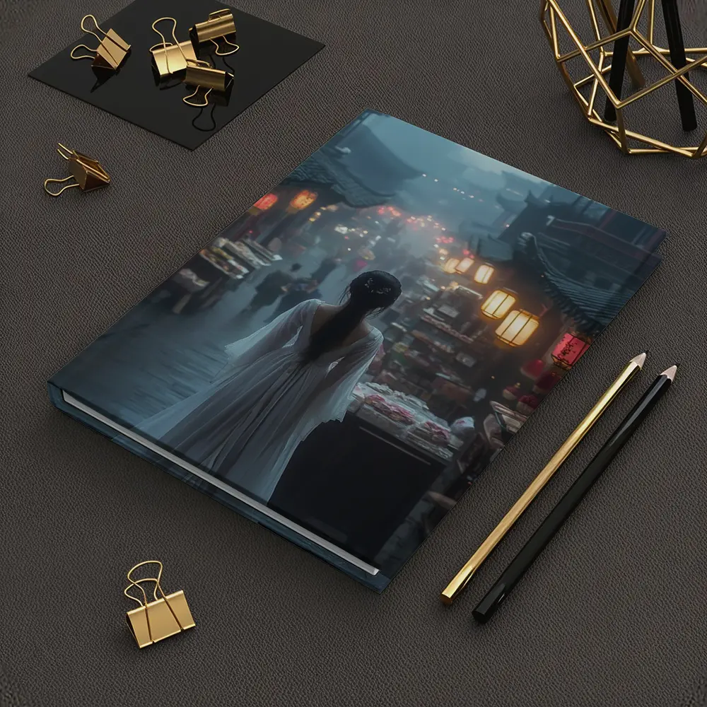 Woman in White Dress Misty Ancient Chinese Street – Notebooks