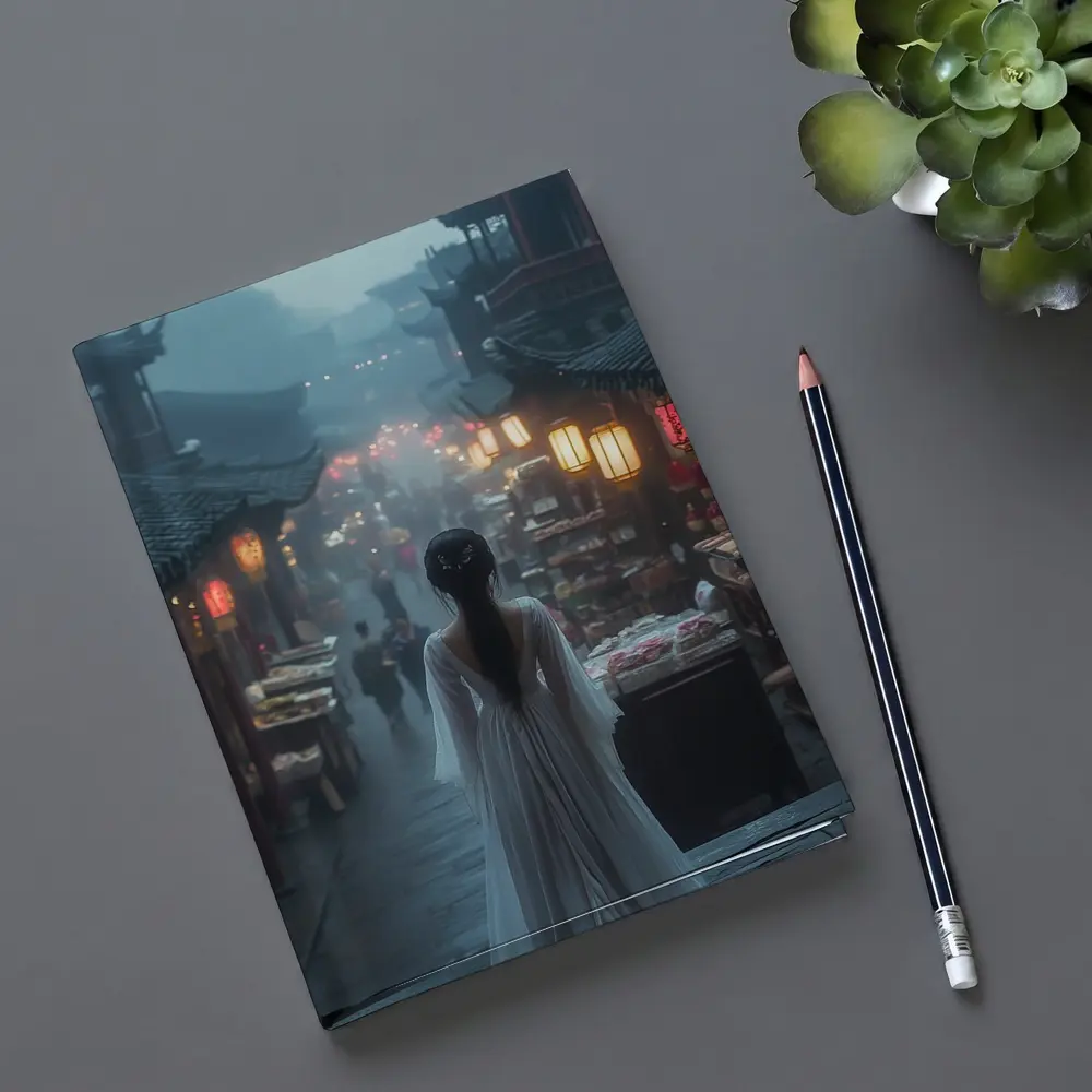 Woman in White Dress Misty Ancient Chinese Street – Notebooks