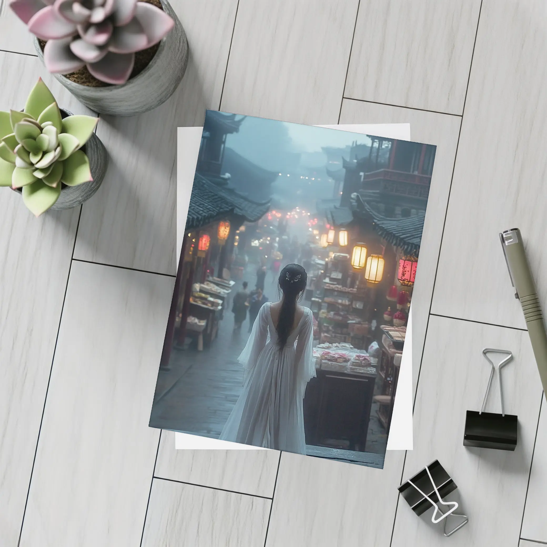 Woman in White Dress Misty Ancient Chinese Street – Postcards