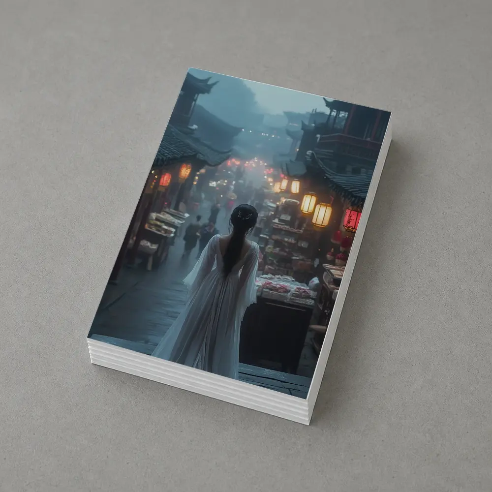 Woman in White Dress Misty Ancient Chinese Street – Postcards