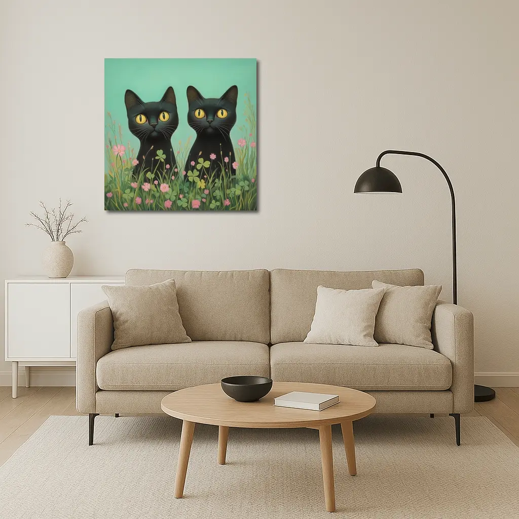 Two Black Cats Among Pink Wildflowers – Wall Art
