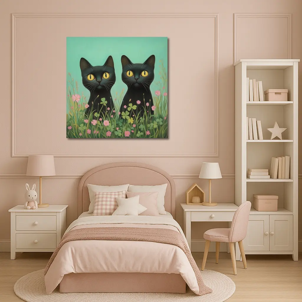 Two Black Cats Among Pink Wildflowers – Wall Art