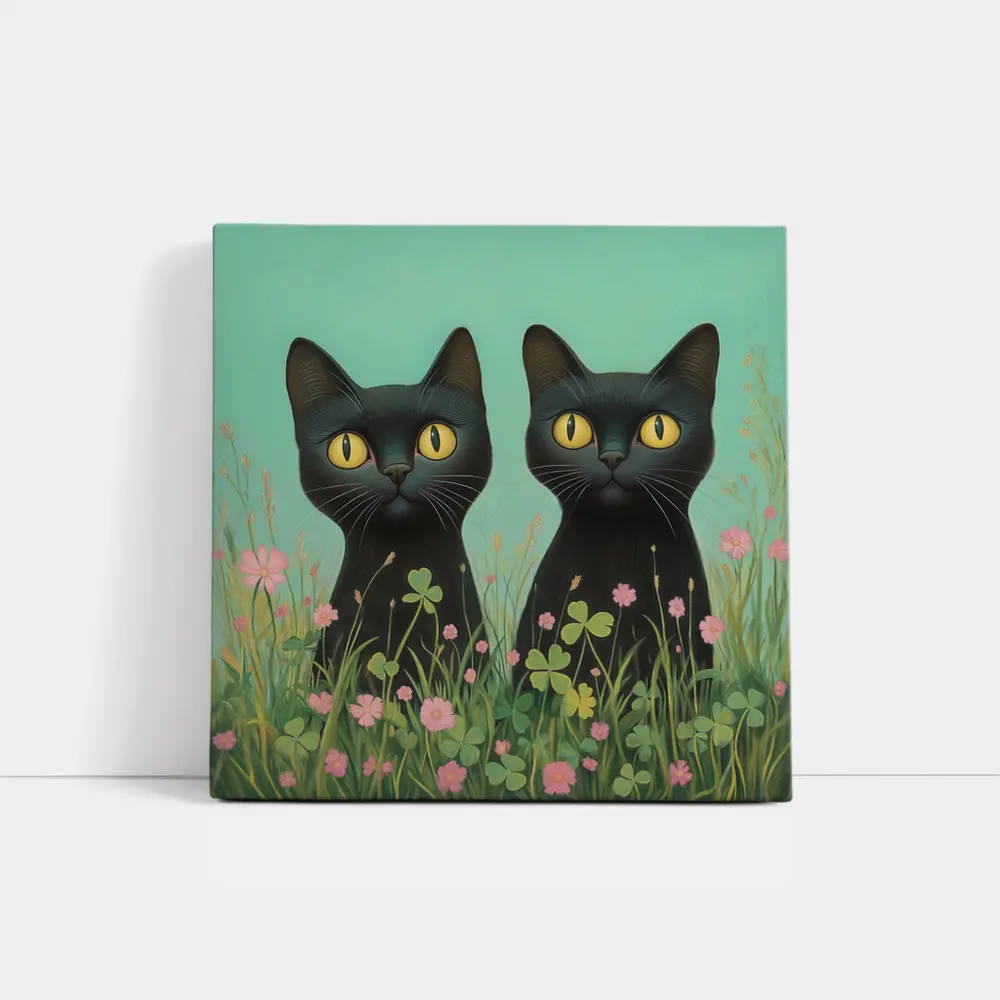 Two Black Cats Among Pink Wildflowers – Wall Art
