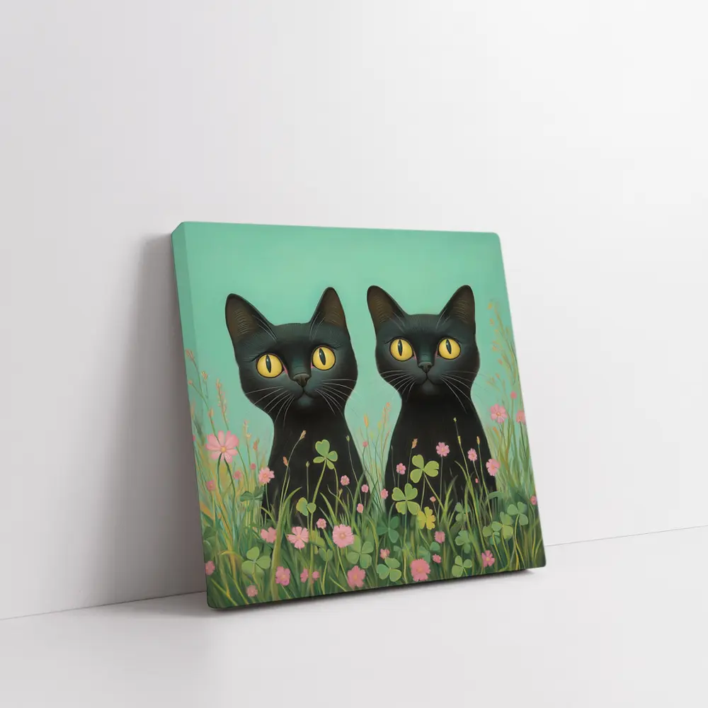 Two Black Cats Among Pink Wildflowers – Wall Art