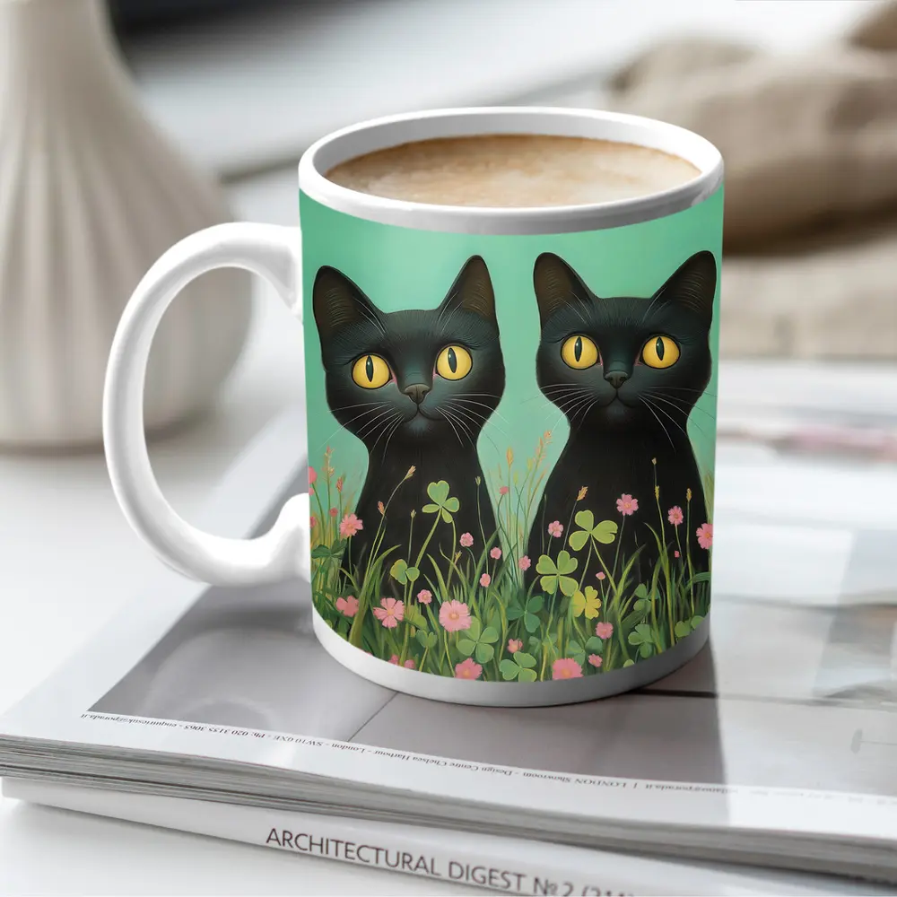 Two Black Cats Among Pink Wildflowers – Mugs