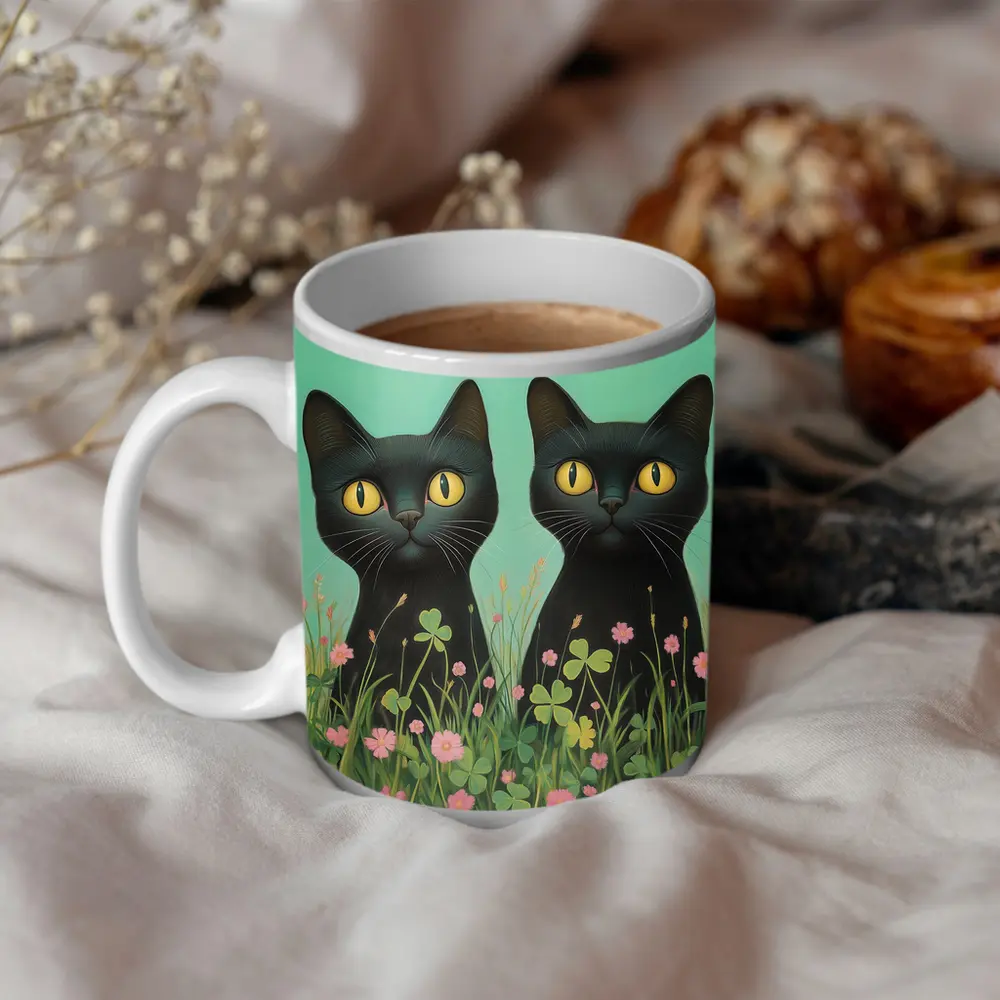 Two Black Cats Among Pink Wildflowers – Mugs