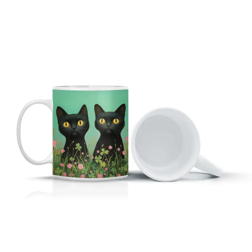Two Black Cats Among Pink Wildflowers – Mugs