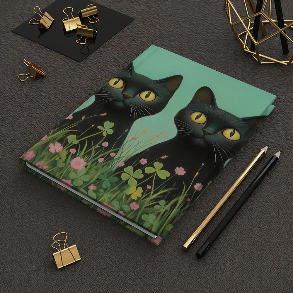 Two Black Cats Among Pink Wildflowers – Notebooks