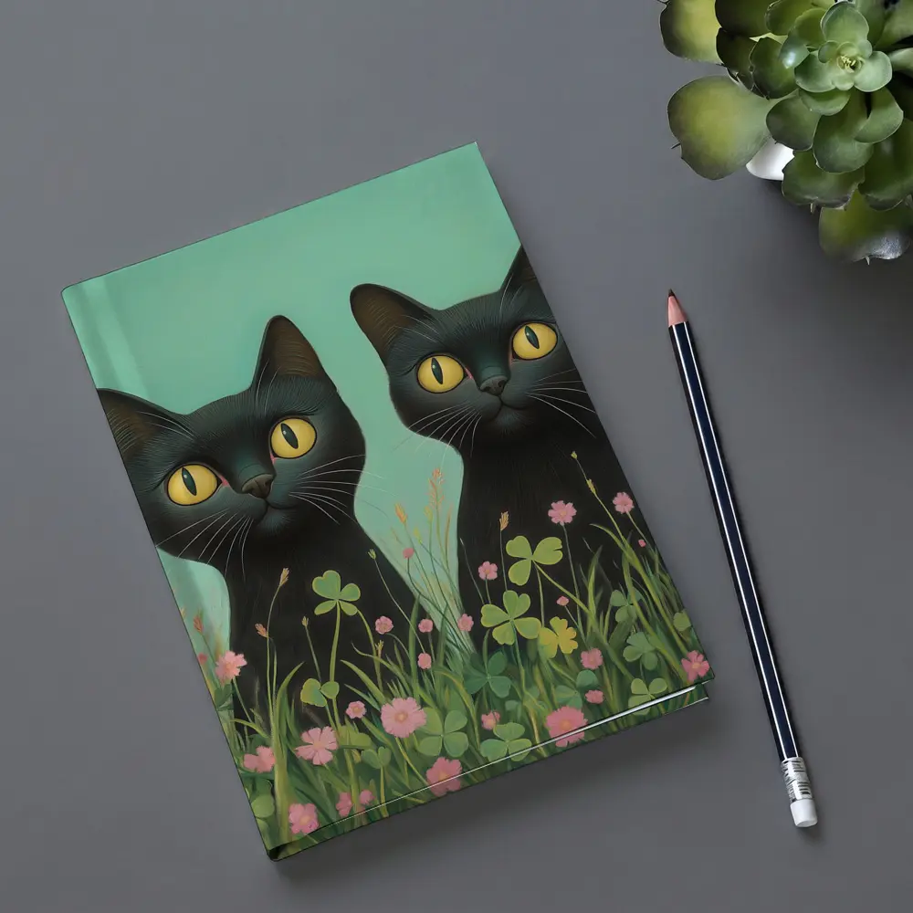 Two Black Cats Among Pink Wildflowers – Notebooks