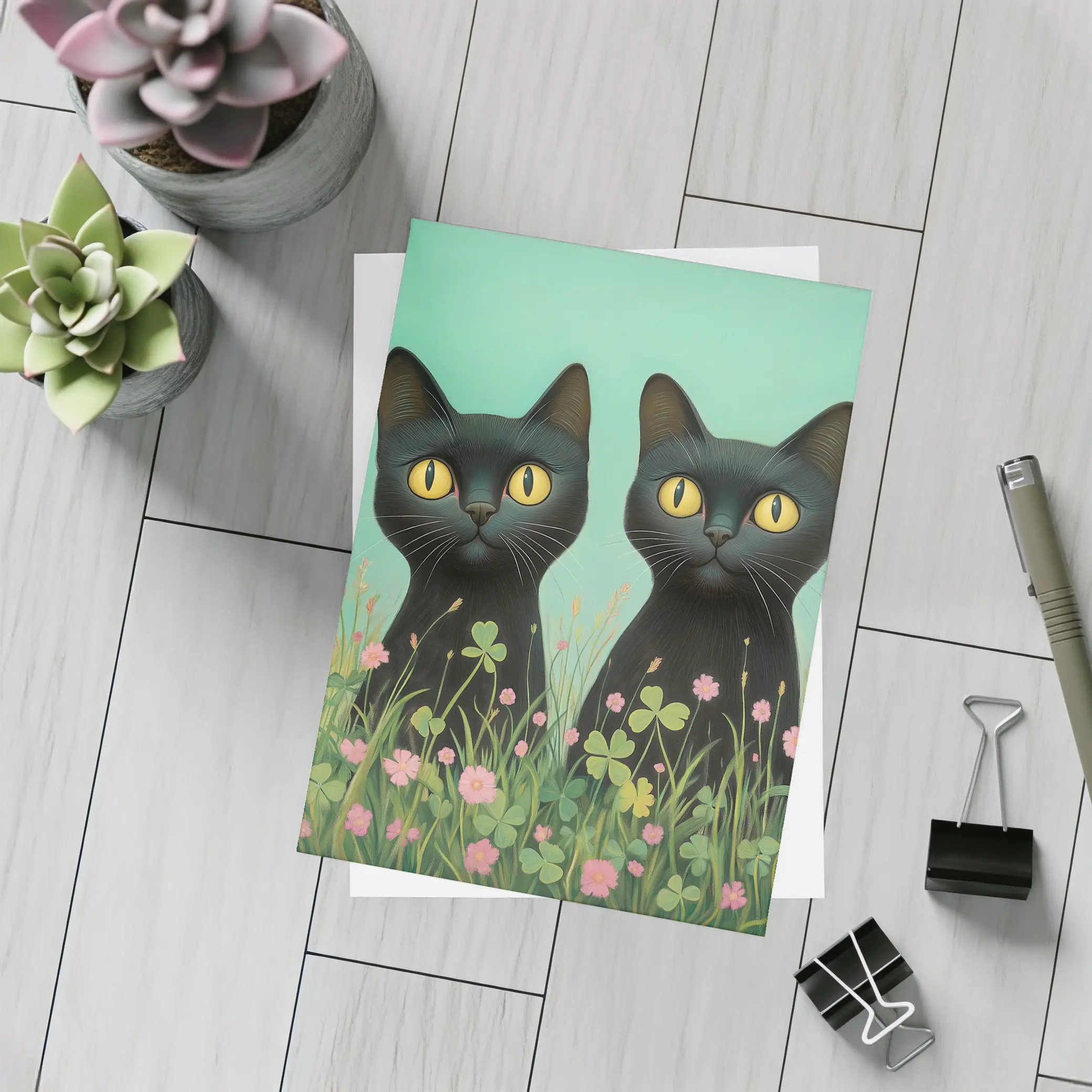 Two Black Cats Among Pink Wildflowers – Postcards
