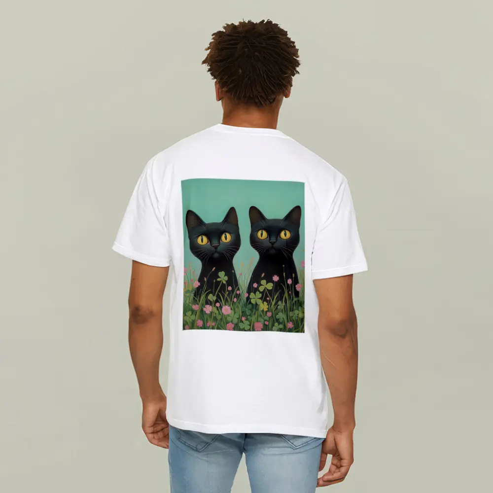 Two Black Cats Among Pink Wildflowers – T-Shirts